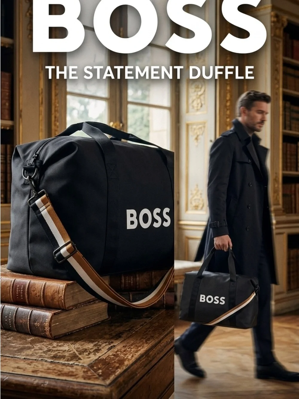 BOSS Black Duffel with Striped Shoulder Strap